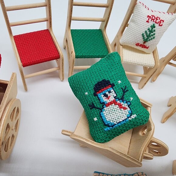 Miniature Christmas Decor Wooden Stands Needlepoint Chairs Pillows Doll House - Picture 6 of 10